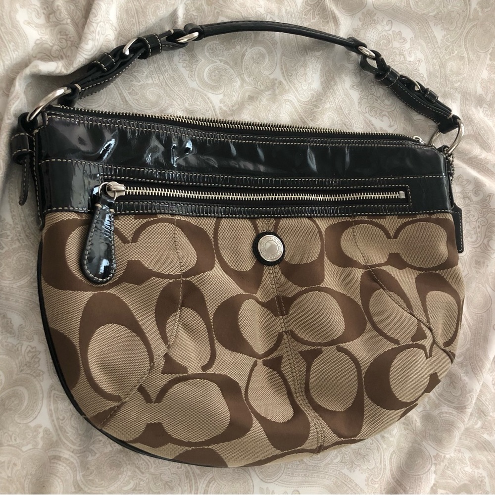 Coach Tan and Black Signature Shoulder Bag